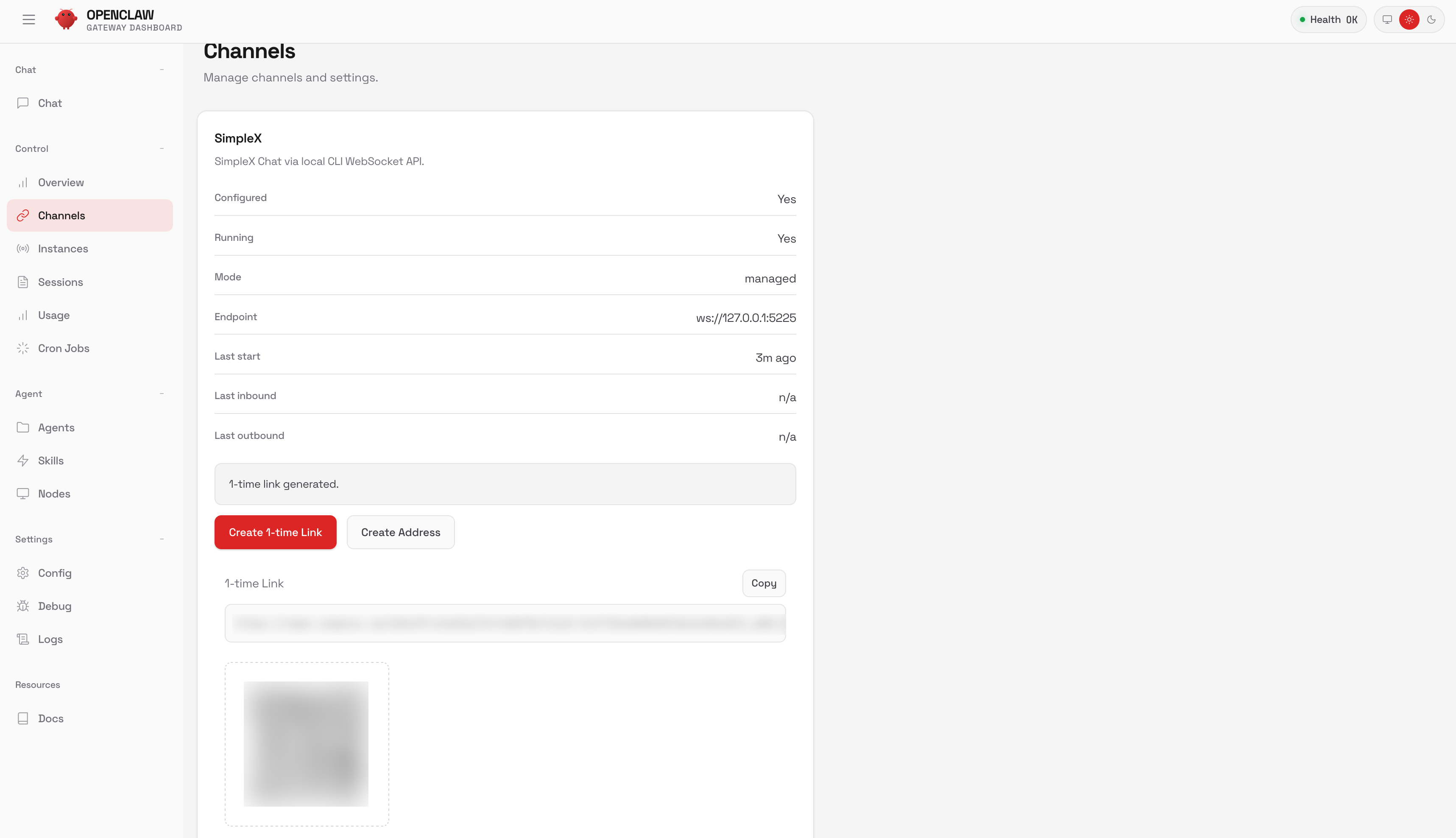 SimpleX one-time link generated in Control UI