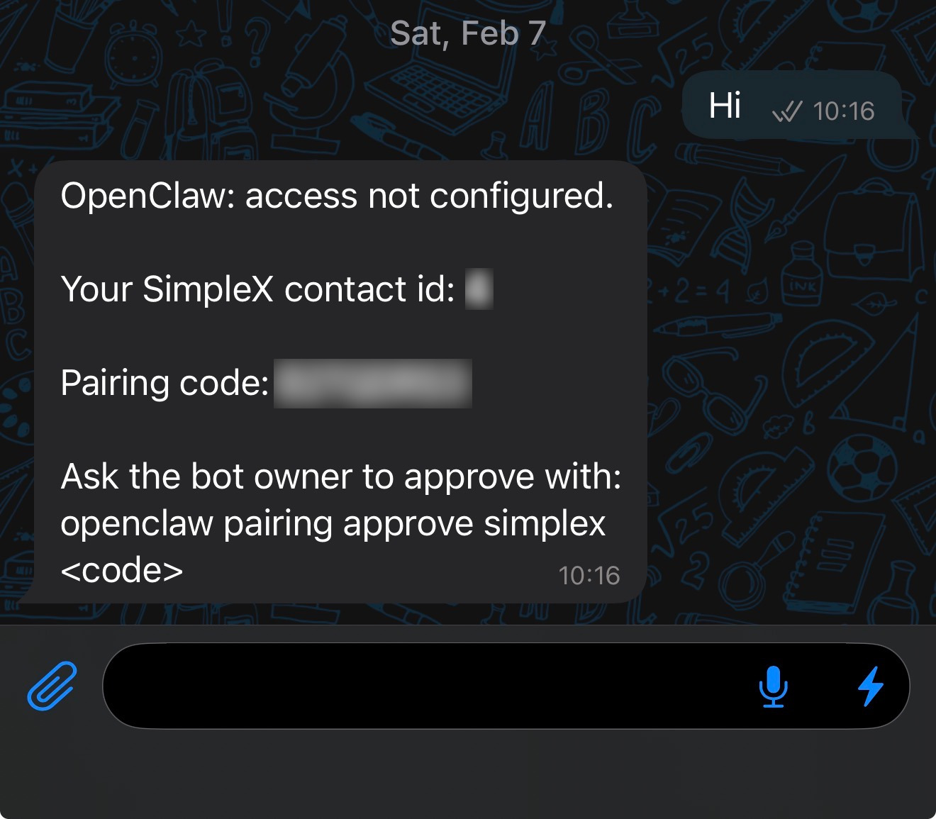 Pairing code shown in SimpleX app